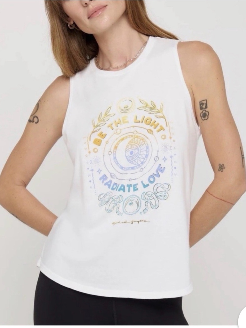 Spiritual Gangster White Tank with Yellow, Blue & Teal 'Be The Light' Graphic - Picture 6 of 6